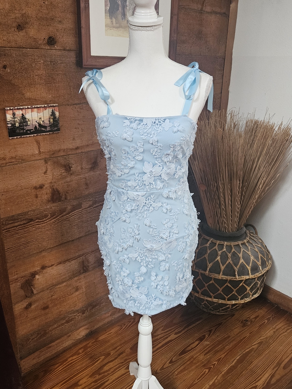 Altar'd State Baby Blue Floral Appliqué Tie-Shoulder Mini Dress